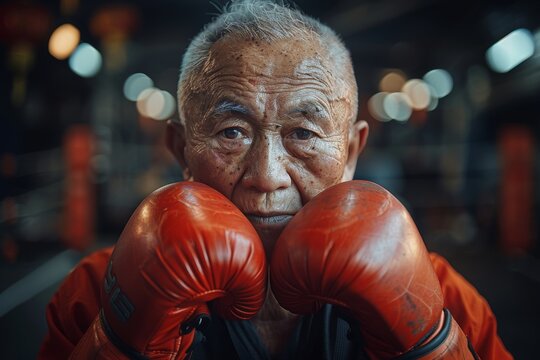 Determined senior male boxer with boxing gloves rests his face on his fists, looking directly at the camera - Powered by Adobe