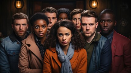 Obraz premium Multiethnic Group of Serious Young Adults in a Dark Moody Setting