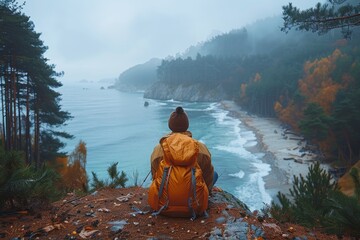 A thoughtful person sits on a cliff edge watching the sea at a moody forest coastline during autumn