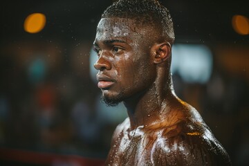 Close-up of a male boxer's side profile, highlighting his intense focus and sweat droplets