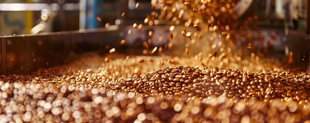 Many coffee beans roast in roasted machine. Coffee roaster.