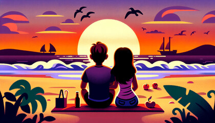 An American couple watching the sunset together on the beach. In the form of - obrazy, fototapety, plakaty