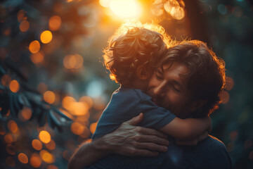 Father, bonding kiss and boy child hug happy. Happiness, laughing and family love of a dad and kid in a park enjoying nature hugging with care and a smile. Happy Fathers Day concept - Powered by Adobe