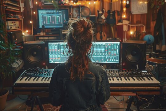 A music enthusiast engrossed in her home studio surrounded with professional audio mixing gear and keyboards