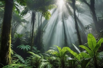 Naklejka premium Enchanting rays of sunlight filtering through the verdant tropical rainforest canopy, casting a spellbinding aura of mystique and beauty.