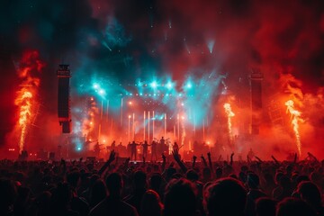Obraz premium A stunning display of pyrotechnics envelops a concert stage, igniting the scene with red and orange flames