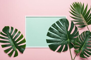 Fresh Green Tropical Leaves On Pink Background, Text Space, Jungle Backdrop, Exotic Foliage