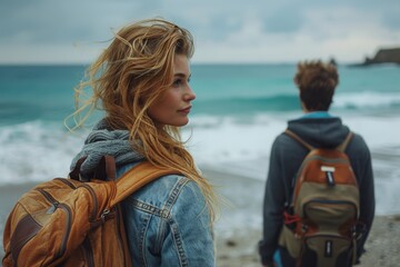 Fototapeta premium A couple outfitted with backpacks strolling along a beach, facing the ocean and horizon