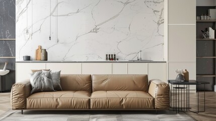 White living room interior wall mockup with leather sofa behind the kitchen.