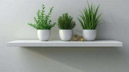 Three potted plants are sitting on a shelf