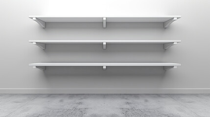A white shelf with three shelves and a white wall behind it - Powered by Adobe