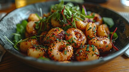   A photo of a close-up bowl of food featuring broccoli and additional items on its sides