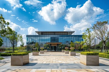 The building is modern with a glass curtain wall facade The scene shows a blue sky with white clouds and green plants in the landscape design of the yard Generative AI