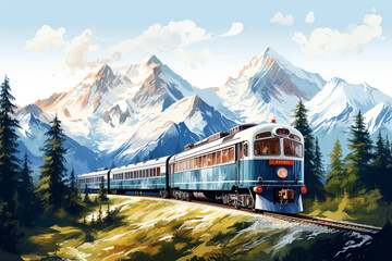 A scenic train journey passing through snow-capped mountains and pine forests, isolated on solid white background.