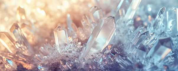 White transparent crystals glittering in sunlight, closeup macro detail - abstract crystalline background. Generative AI