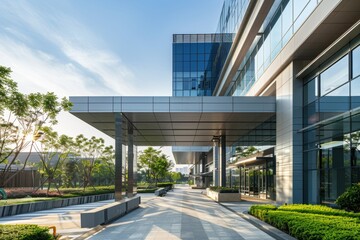 Modern hospital building exterior with glass facade, blue sky and clear weather, professional...