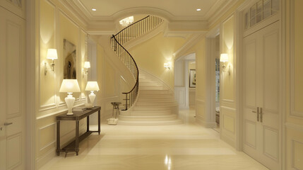 Modern American entrance hall in pale lemon, featuring a curved staircase and elegant lighting.