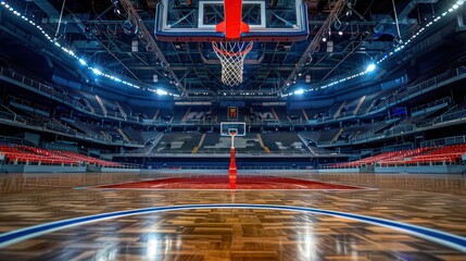 A low angle view of a basketball court with a clear focus on the painted lines, hoop, and seating area