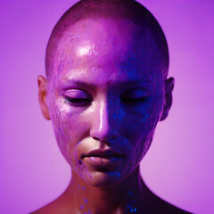 Artistic Portrait with Purple Lighting and Textured Skin