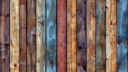   A close-up of a wooden fence with various colors of wood stacked on top and a board on the opposite side