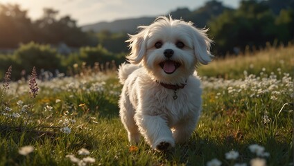 Lebensfreude pur: Ein glücklicher Malteser genießt das Spiel im blühenden Sommerfeld