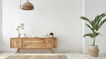 Wood cabinet and accessories decor in living room interior on empty white wall background.