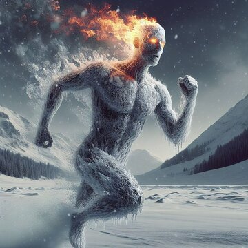iceman on fire running in a snowy view