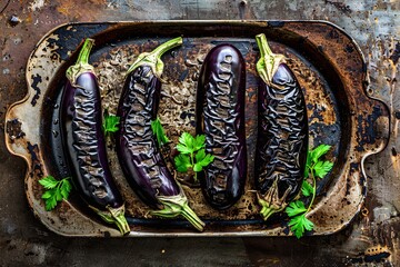 culinary photography grilled eggplants on an old grungy metal