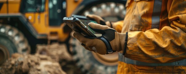 A construction worker in reflective clothing uses a tablet in an industrial setting with heavy machinery