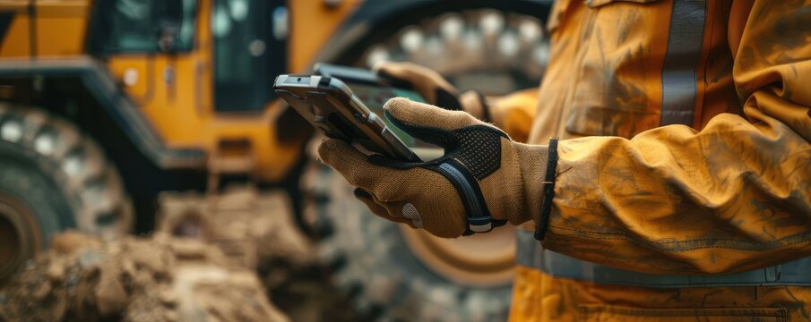 A construction worker in reflective clothing uses a tablet in an industrial setting with heavy machinery