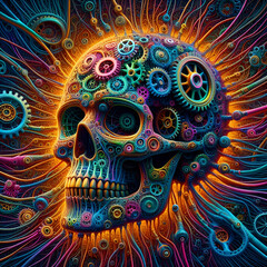 Cybernetics Deep Dream Sugar Skull with Gears & Wires, Psychedelic Trippy Melting Twisted Rainbow Late 90s Electronic Music Album Art, Background Technology & Science. Higher Yoga to Chill Out & Relax