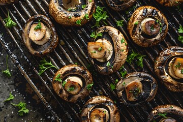 Culinary Photography grilled mushrooms on an old grungy metal