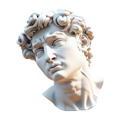 Statue head icon 3D render isolated on white, transparent background PNG, plaster bust statue of a Greek man