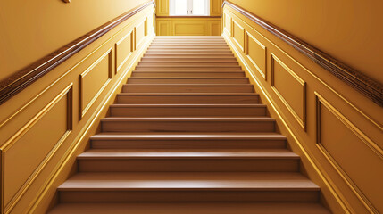 Obraz premium Ochre stairs with a classic wooden handrail, full length view in an elegant setting.