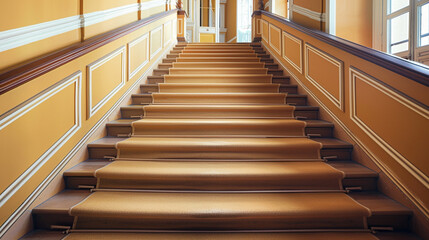 Ochre stairs with a classic wooden handrail, full length view in an elegant setting.