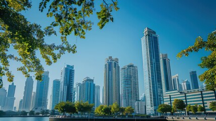 Obraz premium A serene cityscape showcasing towering skyscrapers against a clear blue sky, with touches of greenery