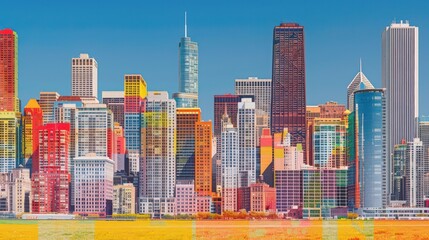 A vivid and abstract illustration of Chicago's skyline with a juxtaposition of colorful buildings against a clear blue sky