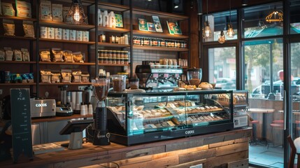 Warm and inviting coffee shop scene featuring a glass display case and various menus