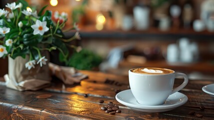 Inviting coffee cup adorned with latte art next to vibrant blooming flowers on a rustic wooden surface