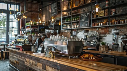Coffee bar boasts a sophisticated setup with an array of professional brewing equipment and cozy lighting