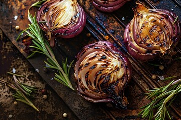 Culinary Photography grilled onions on an old grungy metal