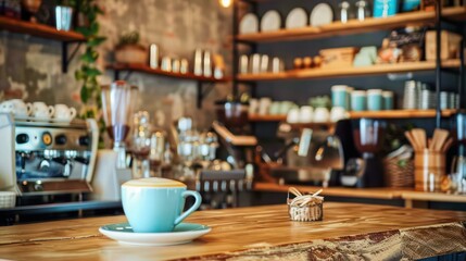 A serene turquoise coffee cup laid on a wooden countertop with blurred cafe interior showcasing a creative space