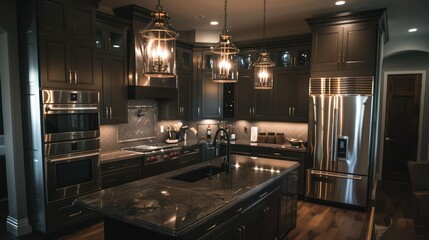 Upscale kitchen interior with polished fixtures and warm lighting giving a luxurious and inviting feel