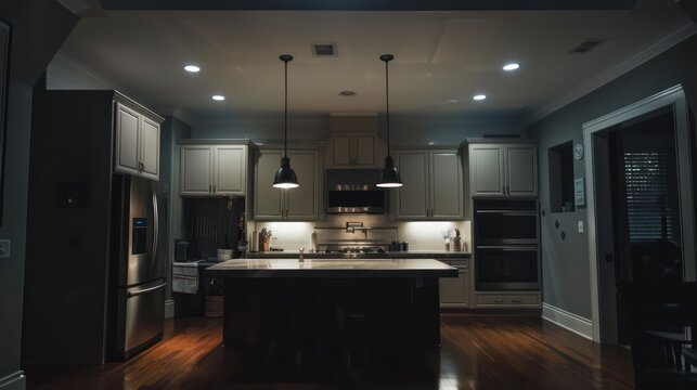 A modern kitchen at night featuring an island, dark cabinets, and subtle lighting giving a cozy feel
