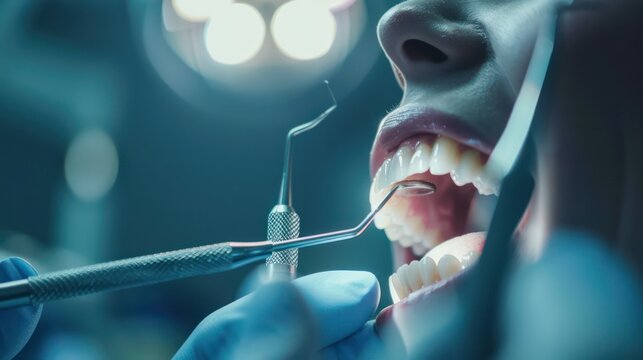 Close-up of patient having dental treatment with tools in mouth, focusing on dental care and oral hygiene
