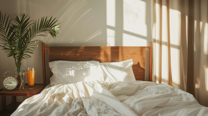 A clean and tidy bed with soft sunlight in the morning, warm tones, photography in a minimalist style, a wooden headboard, white pillow and blanket