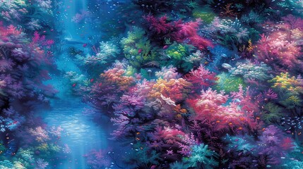  A vibrant forest painting depicts a myriad of plant colors, thriving along the shores of a serene water body