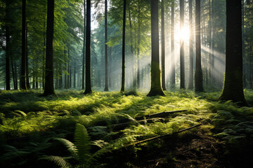 A serene forest clearing with dappled sunlight filtering through the trees onto fern-covered ground, isolated on solid white background.