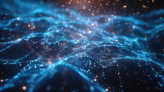 Blue luminous neon particle structure. Digital cyberspace futuristic science fiction background