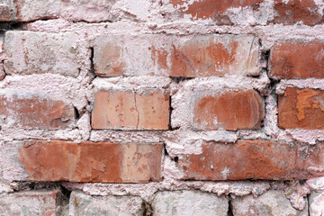 Textured old brick wall background. Close-up view of weathered pink paint over red brick wall surface covered with spots and streaks. Copy space for your text and decorations. Abstract backdrop theme.